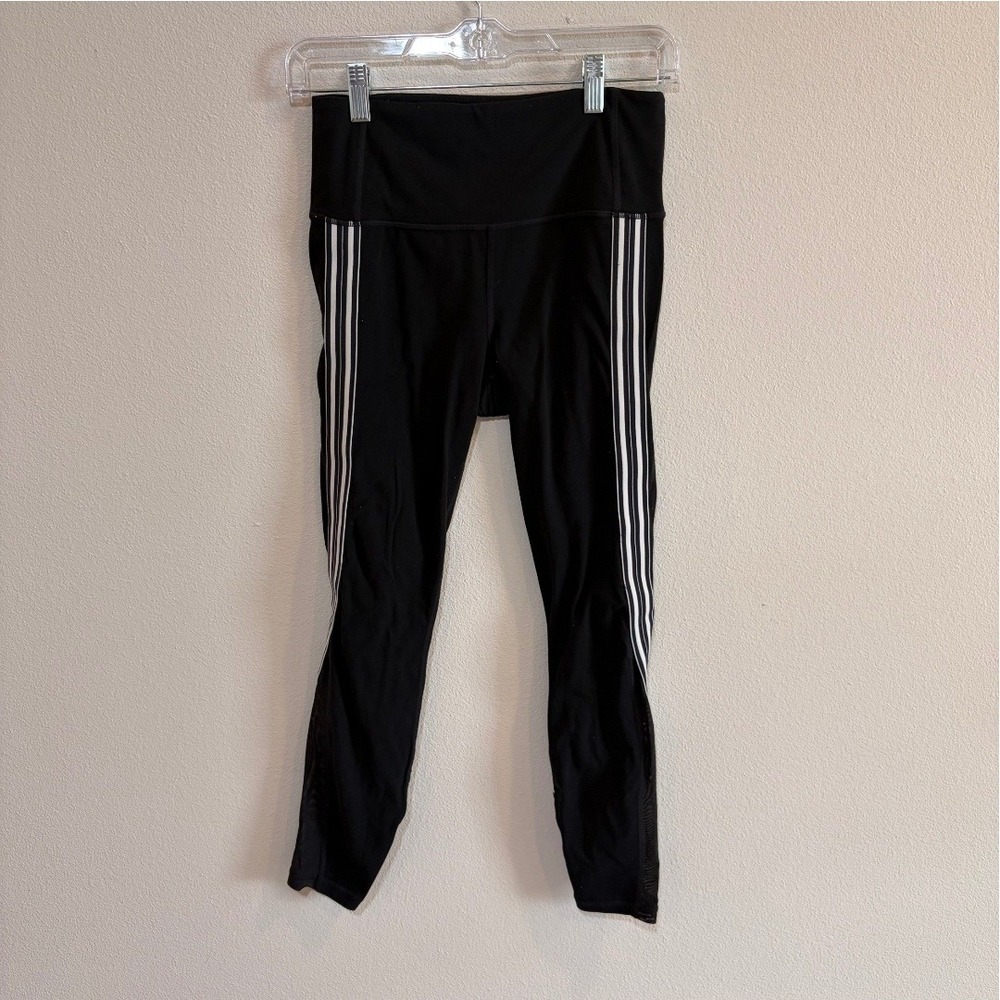 Athleta High Rise Leggings Womens Small Black White Side Stripe Mesh Yoga Gym